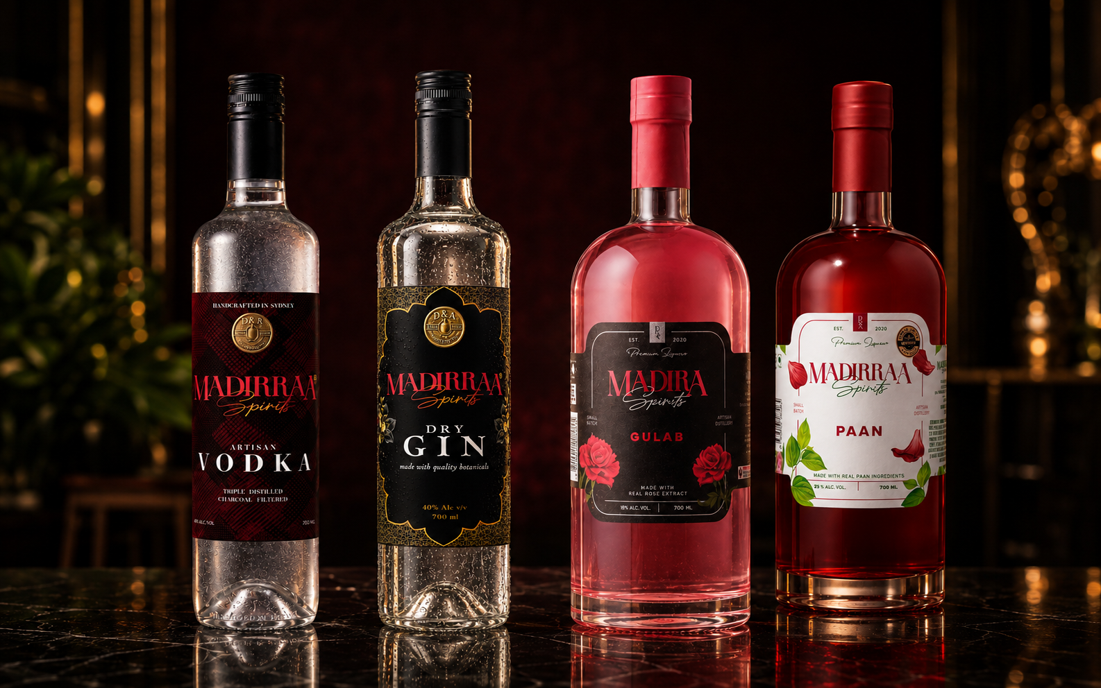 Madirraa Artisan Vodka, Dry Gin, Gulab and Paan bottles together