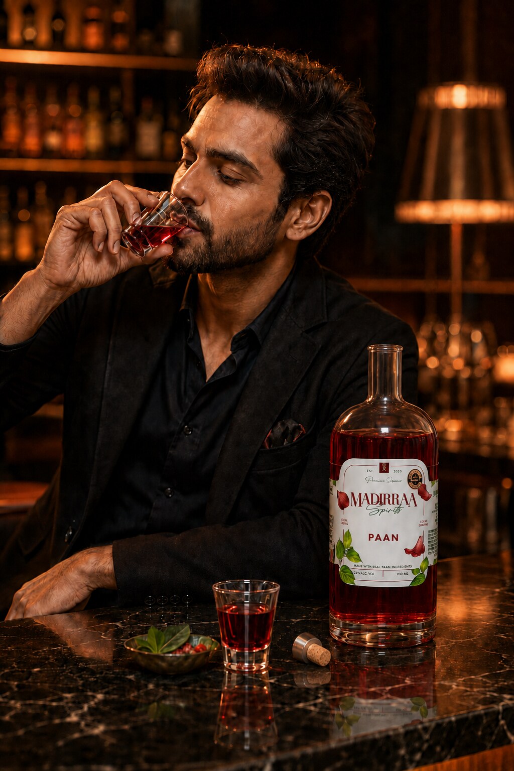 Guest tasting Madirraa Paan liqueur at an elegant bar