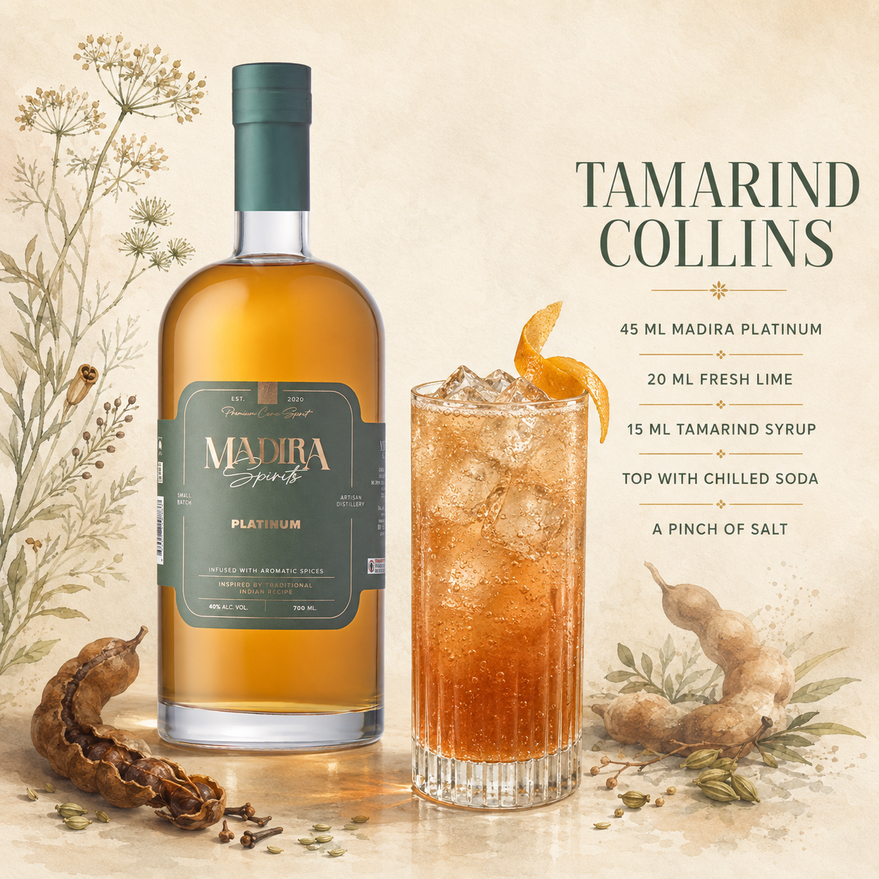 Tamarind Collins made with Madirraa Platinum
