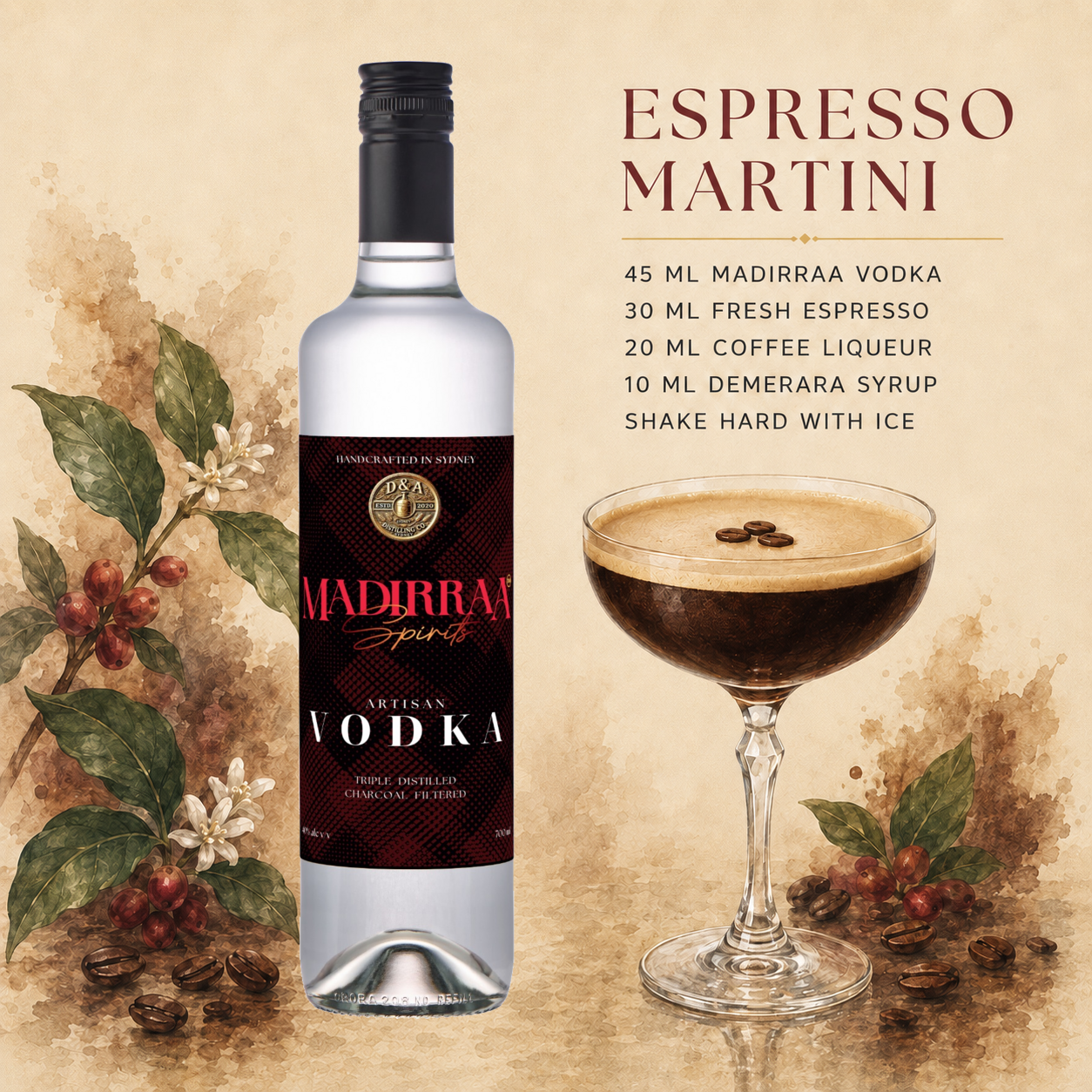 Espresso Martini made with Madirraa Artisan Vodka